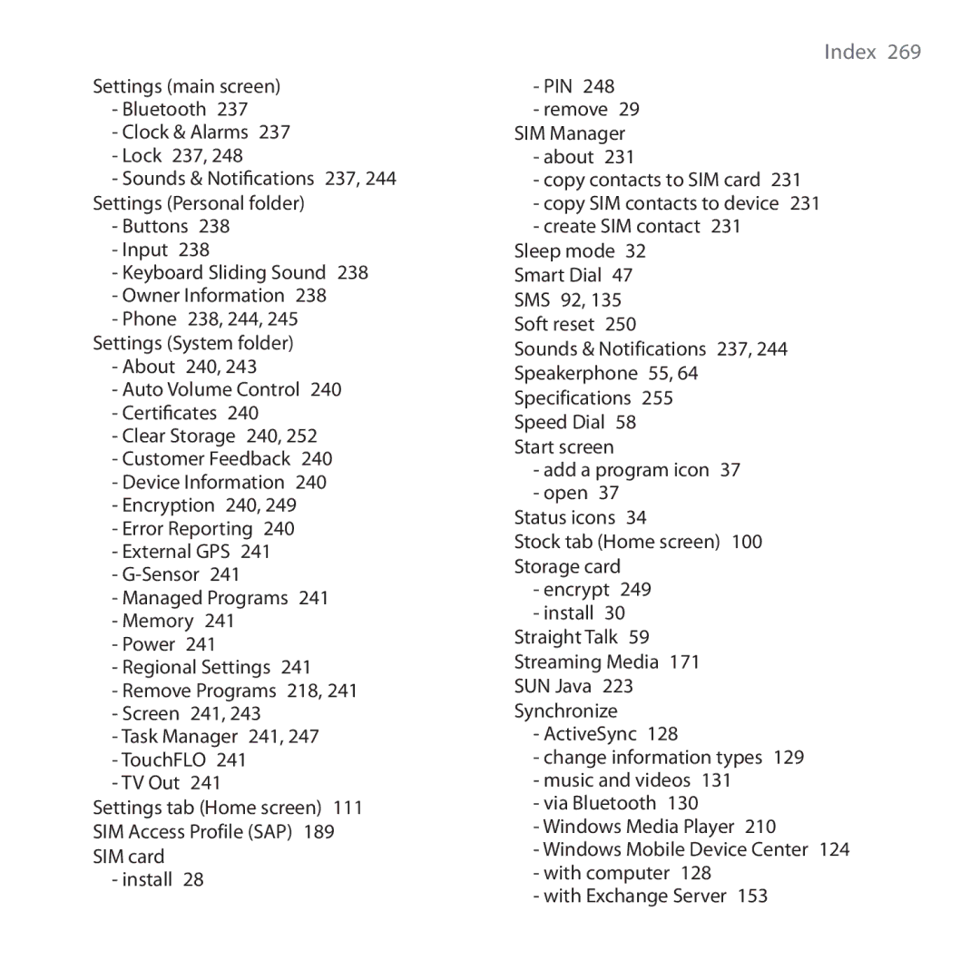 HTC NM8RHOD00, RHOD300, HTC Tilt 2 user manual Index  